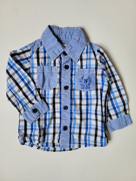 Noppies blue plaid button-up shirt size 80 (9 to 12 months)